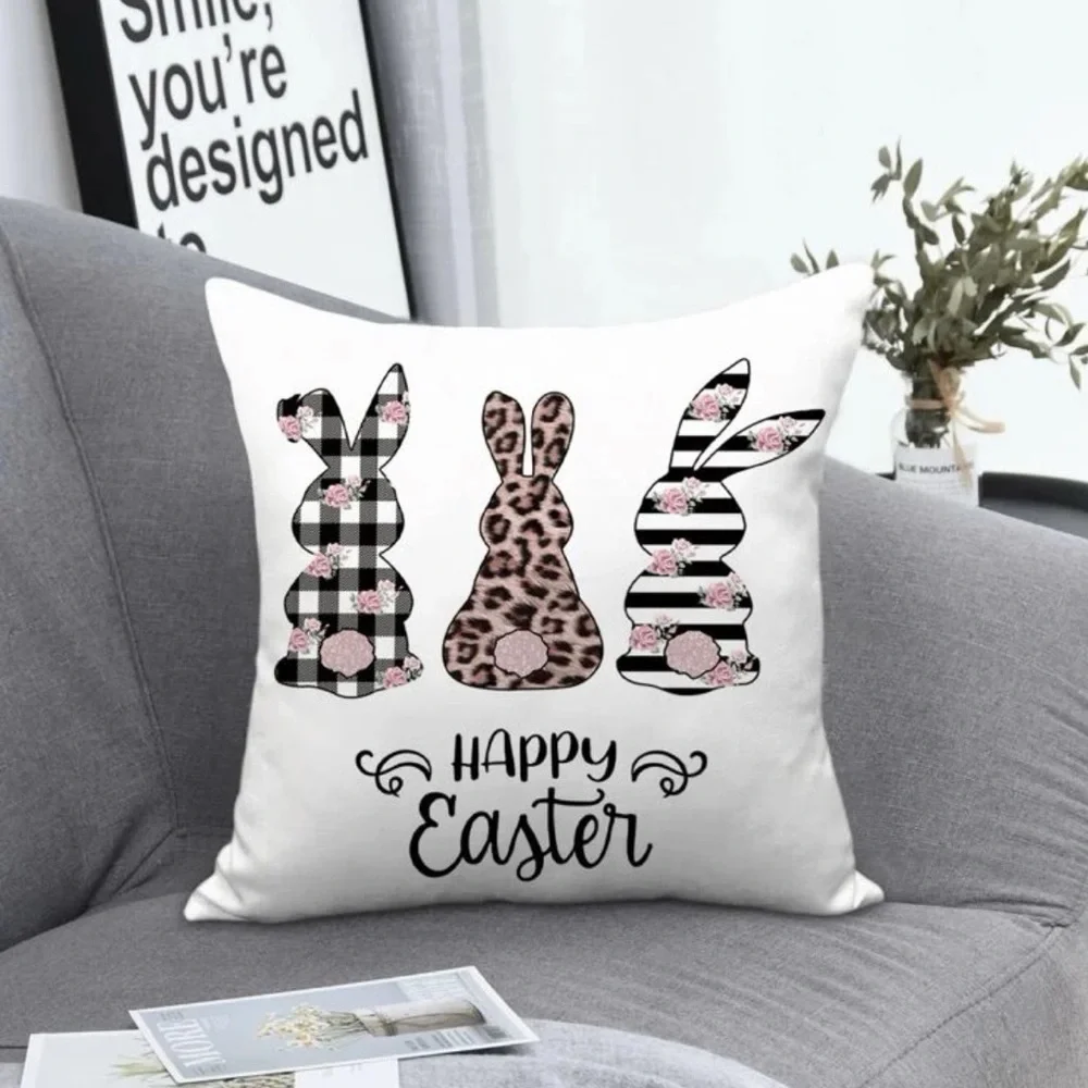 Seasonal Pillow Cover Easter Bunny Rabbit Zip Closure 17.7 In Square Black White